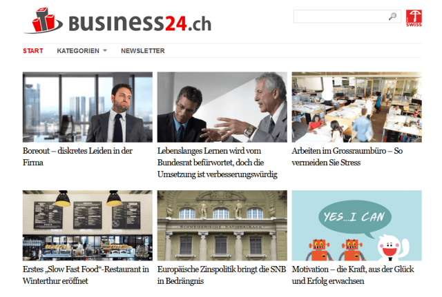 Bild-Raster-Menü mit Bildunterschriften benötigen viel Platz. Auf Smartphone-Displays können nicht alle Informationen auf einmal abgebildet werden (Bild: Screenshot business24.ch Webseite)