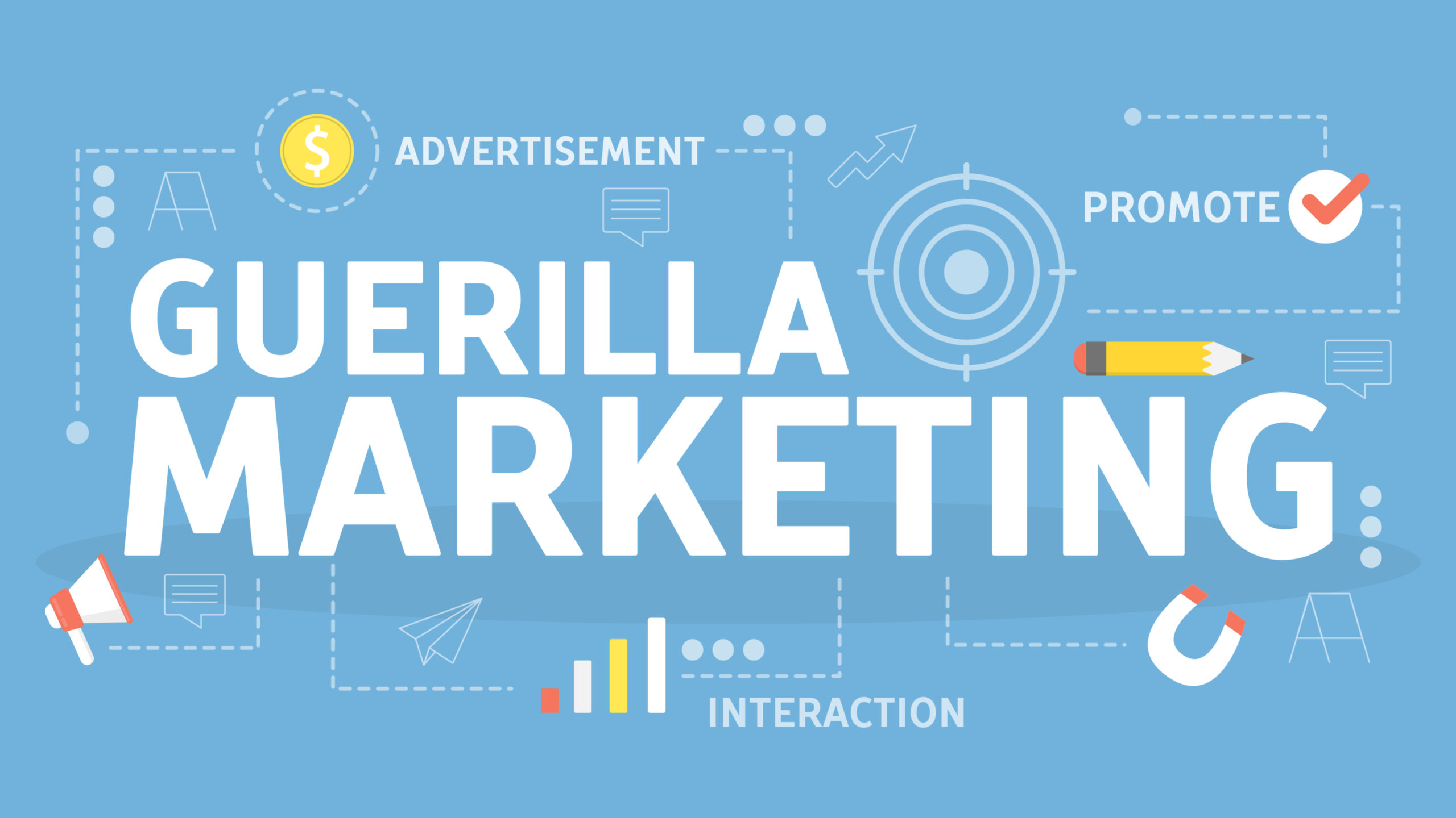 Guerilla-Marketingkonzept. Unternehmensförderung und -werbung. Alternative Taktiken zur Verbreitung von Informationen. Flache Vektor-Illustration